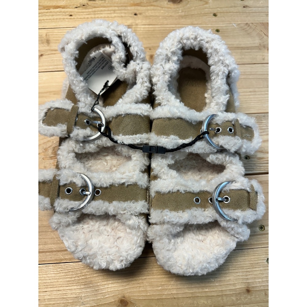 ZARA Women's Fur Lined Buckle Strap Flat Sandals Tan Size US 8 EUR 39